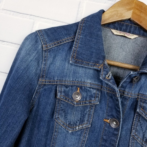 Womens Button Up Jean Jacket Sz M Med Wash Biker Moto Long Sleeve Highway Jeans - Picture 4 of 8